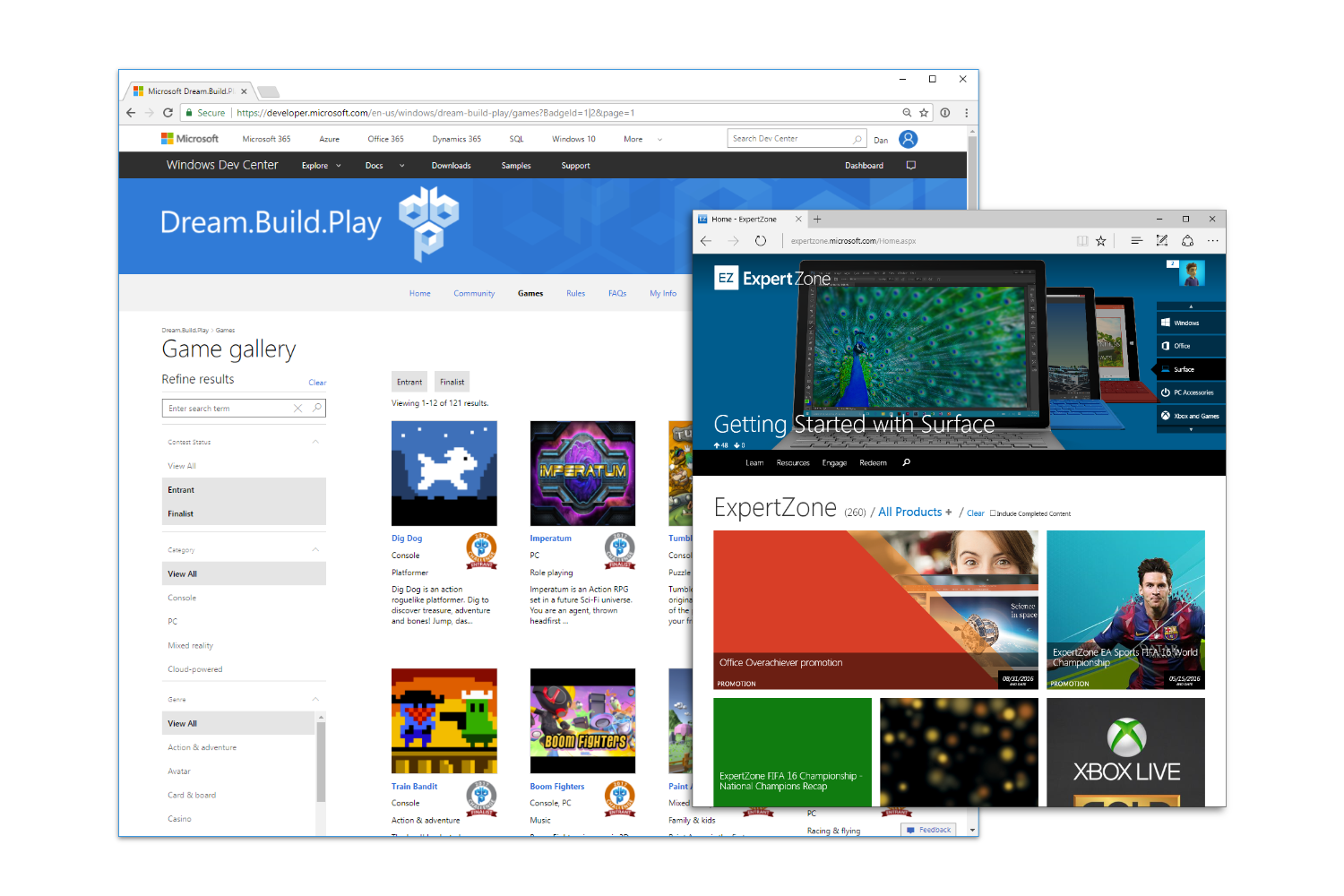 Screenshots of Microsoft Dream.Build.Play and ExpertZone
